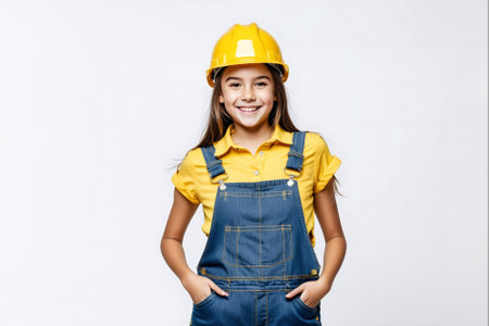 Portrait of a smiling female construction worker in helmet over white backgroundの素材