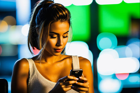 Beautiful young woman using her mobile phone in the city at nightの素材