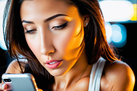 beautiful young woman using smartphone in night club, closeup portraitの素材