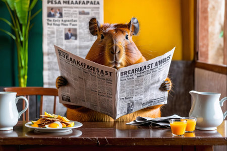 Cute squirrel reading newspaper in a coffee shop. Animal concept.の素材