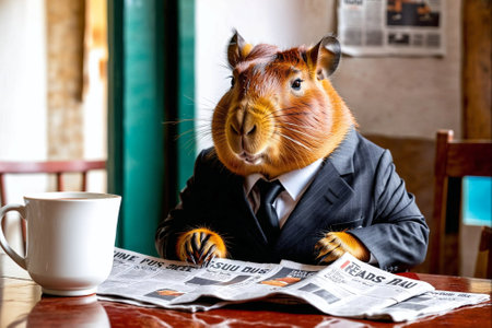 Cute squirrel in a business suit sitting at a table and reading newspaperの素材