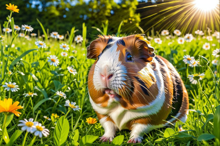 Guinea pig sitting on the grass with daisies and sunの素材