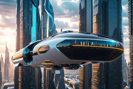 Futuristic flying saucer over the city. 3d renderingの素材