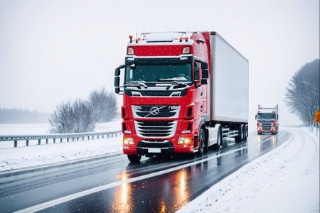 Truck on the road in winter. Freight transportation and logistics.の素材