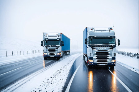 trucks on the highway in winter. freight transportation concept.の素材