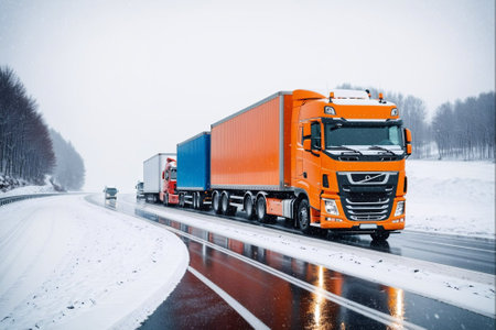 Truck with container on the road in winter. Freight transportation.の素材