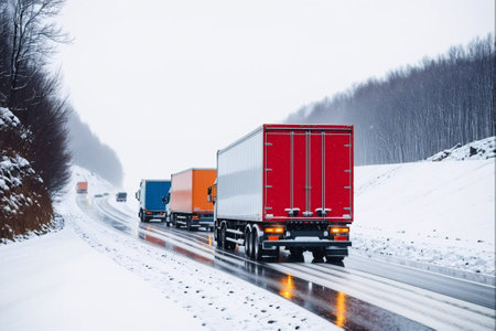truck with cargo on the highway in winter. Freight transportationの素材
