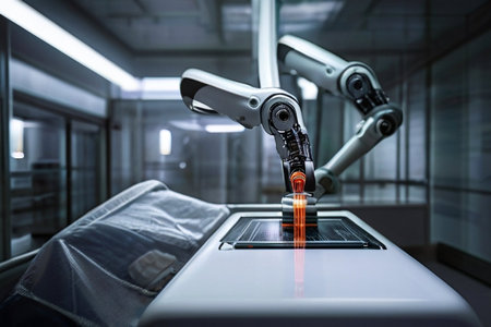 A robot is in a hospital room with a bed. The robot is in the middle of the room and is surrounded by medical equipment. The room is clean and sterile, giving off a sense of professionalismの素材