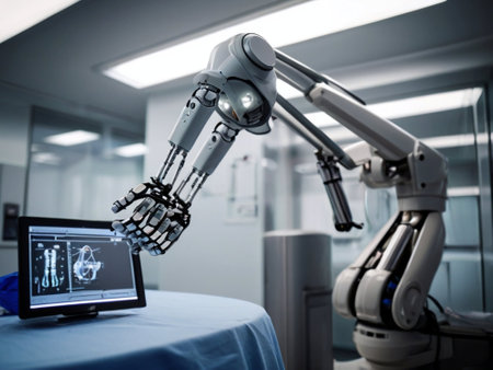 A robot is in a hospital room with a bed. The robot is in the middle of the room and is surrounded by medical equipment. The room is clean and sterile, giving off a sense of professionalismの素材
