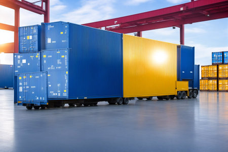A warehouse with many boxes stacked on shelves. The boxes are mostly brown and blue. The warehouse is very large and has a lot of spaceの素材