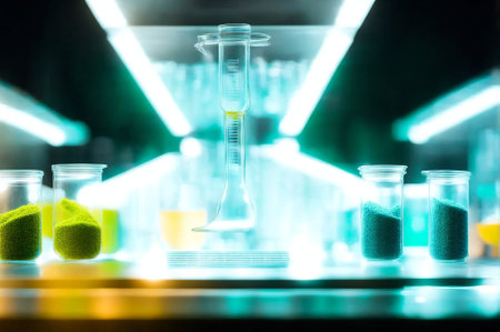 Three glass vials with glowing lights inside. The vials are arranged in a row, with the middle one being the tallestの素材