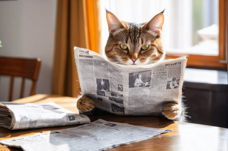 A cat is sitting on a table with a newspaper and a glass of orange juice. The cat is dressed in a suit and tie, giving the impression that it is a businessman. The scene is playful and whimsicalの素材