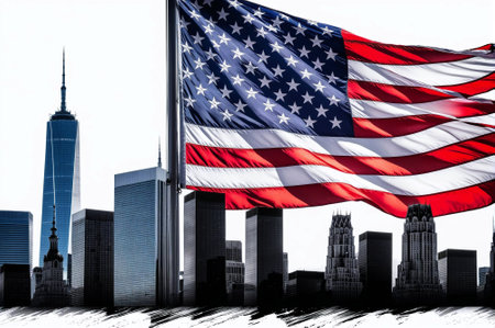 A large American flag is flying high above a city skyline. The flag is red, white, and blue, and it is waving in the wind. The city below is bustling with activityの素材