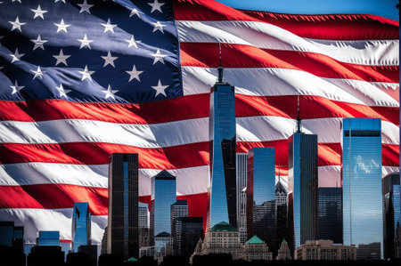 A large American flag is flying high above a city skyline. The flag is red, white, and blue, and it is waving in the wind. The city below is bustling with activityの素材