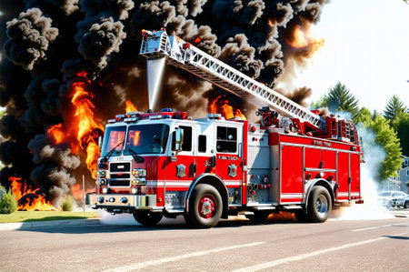 A red fire truck is parked in front of a burning building. A firefighter is standing next to the truck, ready to respond to the emergency. The scene is intense and dramaticの素材