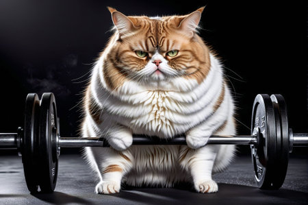 A cat is sitting on a weightlifting barbell. The cat is fat and has a big bellyの素材