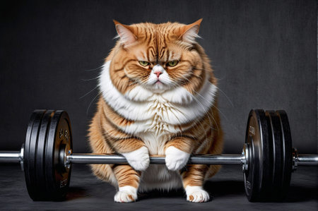 A cat is sitting on a weightlifting barbell. The cat is fat and has a big bellyの素材