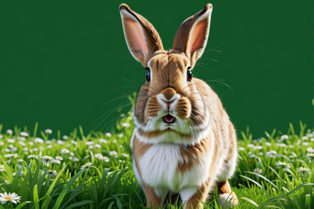A rabbit is standing in a field of grass. The rabbit is looking at the camera and he is surprised. The scene is bright and cheerful, with the sun shining down on the grass and the rabbitの素材