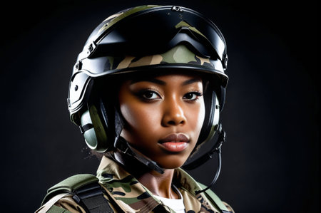 A woman in a camouflage uniform stands in front of a black background. She is wearing a helmet and a camouflage jacketの素材