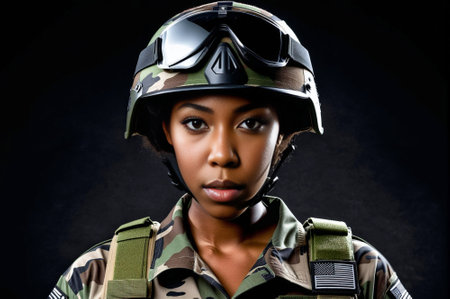 A woman in a camouflage uniform stands in front of a black background. She is wearing a helmet and a camouflage jacketの素材
