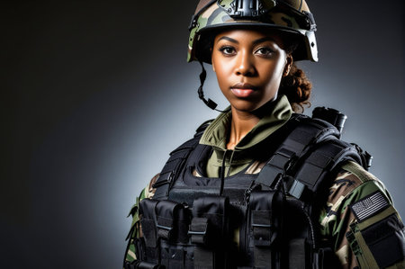 A woman in a camouflage uniform stands in front of a black background. She is wearing a helmet and a camouflage jacketの素材