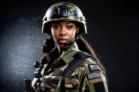 A woman in a camouflage uniform stands in front of a black background. She is wearing a helmet and a camouflage jacketの素材
