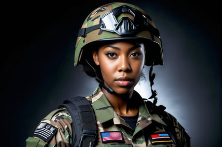 A woman in a camouflage uniform stands in front of a black background. She is wearing a helmet and a camouflage jacketの素材
