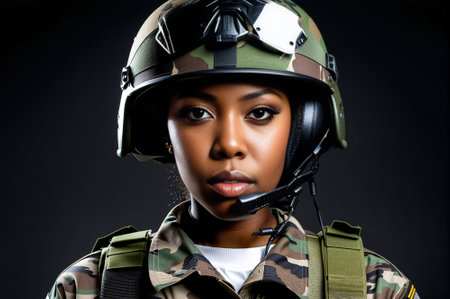 A woman in a camouflage uniform stands in front of a black background. She is wearing a helmet and a camouflage jacketの素材