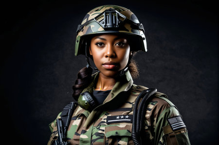 A woman in a camouflage uniform stands in front of a black background. She is wearing a helmet and a camouflage jacketの素材