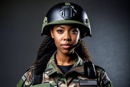 A woman in a camouflage uniform stands in front of a black background. She is wearing a helmet and a camouflage jacketの素材