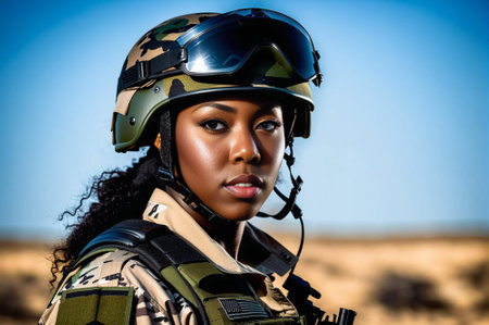 A woman in a camouflage uniform stands in front of a black background. She is wearing a helmet and a camouflage jacketの素材