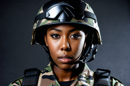A woman in a camouflage uniform stands in front of a black background. She is wearing a helmet and a camouflage jacketの素材