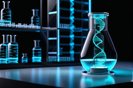 A blue and silver container with a DNA strand inside. The container is shaped like a clock and is illuminated in blue lightの素材