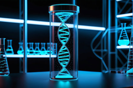A blue and silver container with a DNA strand inside. The container is shaped like a clock and is illuminated in blue lightの素材