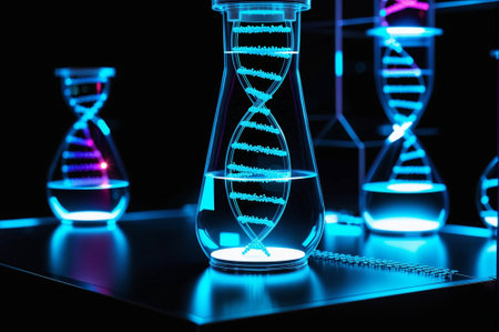 A blue and silver container with a DNA strand inside. The container is shaped like a clock and is illuminated in blue lightの素材