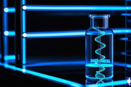 A blue and silver container with a DNA strand inside. The container is shaped like a clock and is illuminated in blue lightの素材