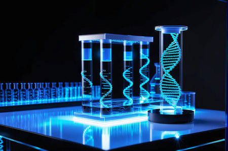 3d rendering laboratory glassware with dna molecule on black backgroundの素材