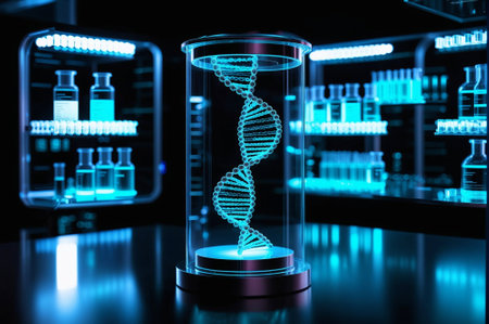 A blue and silver container with a DNA strand inside. The container is shaped like a clock and is illuminated in blue lightの素材