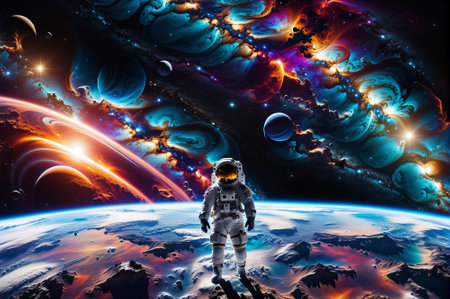 A man in a spacesuit is standing on a planet with a red and orange background. The image is a work of art that depicts a futuristic scene with a sense of adventure and explorationの素材