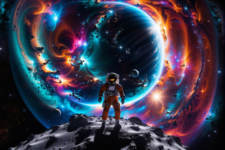 A man in a spacesuit is standing on a planet with a red and orange background. The image is a work of art that depicts a futuristic scene with a sense of adventure and explorationの素材
