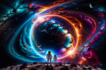 A man in a spacesuit is standing on a planet with a red and orange background. The image is a work of art that depicts a futuristic scene with a sense of adventure and explorationの素材