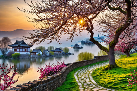 A tree branch with pink flowers and a river in the background. The scene is peaceful and sereneの素材