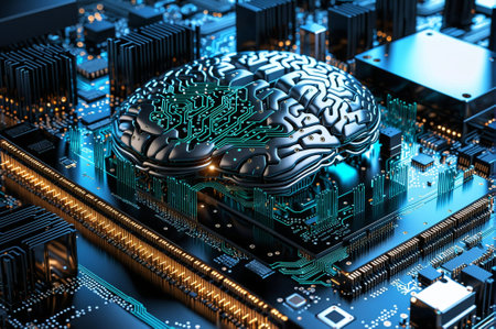 A computer chip with a brain on it. The brain is surrounded by wires and circuitry. Concept of technology and the human brain, and the mood is futuristic and advancedの素材
