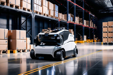 A robot is in a warehouse with boxes. The robot is white and has a blue and black designの素材