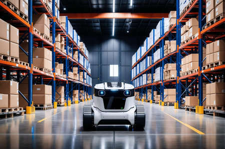 A robot is in a warehouse with boxes. The robot is white and has a blue and black designの素材