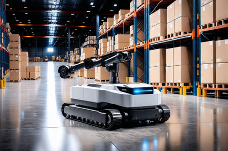 A robot is in a warehouse with boxes. The robot is white and has a blue and black designの素材