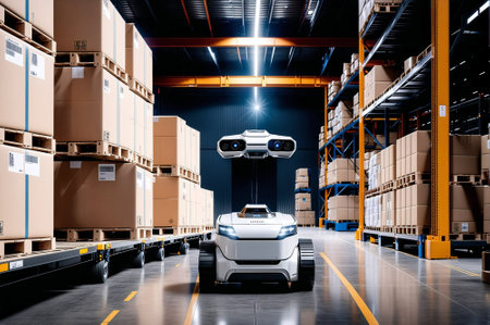 A robot is in a warehouse with boxes. The robot is white and has a blue and black designの素材