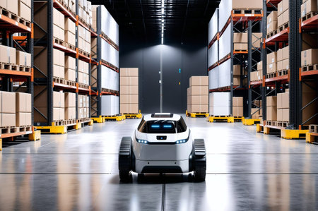 A robot is in a warehouse with boxes. The robot is white and has a blue and black designの素材