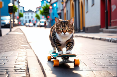 Cute cat riding a longboard in the city. Cat on a skateboard.の素材