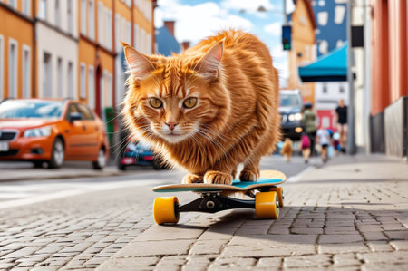 ginger cat on a skateboard in the street of the cityの素材